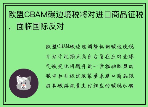 欧盟CBAM碳边境税将对进口商品征税，面临国际反对